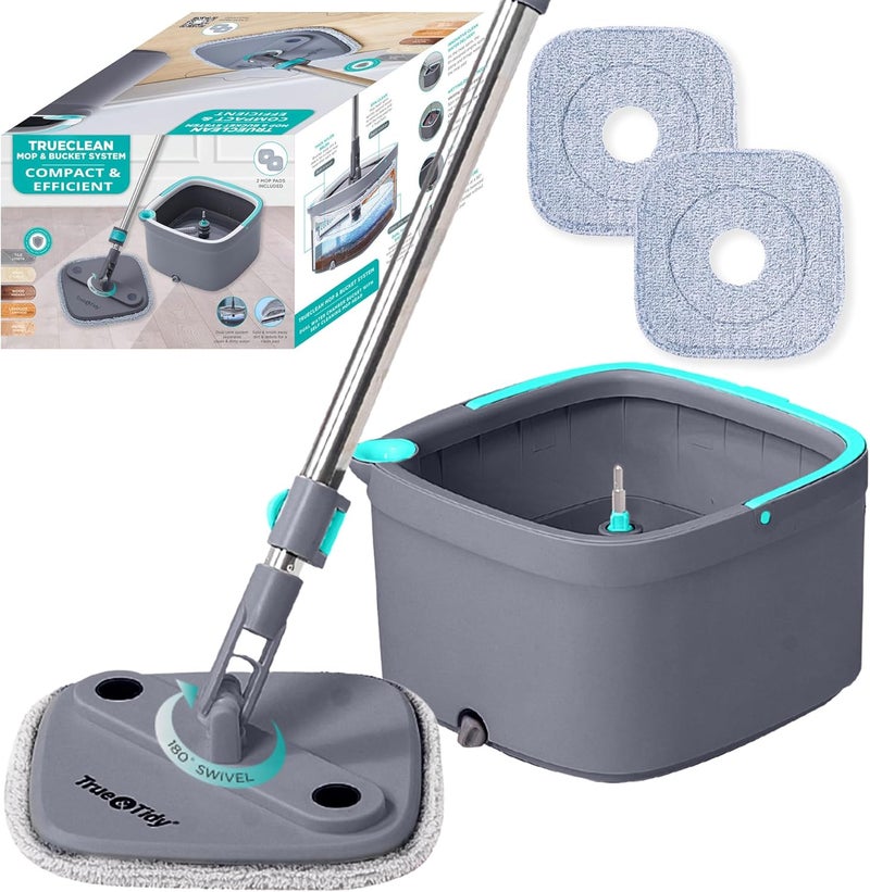 True & Tidy Square Spin Mop & Bucket System – Dual Chamber for Clean & Dirty Water, 360° Rotating Self-Wringing Mop with Built-in Scrub Brush, Stainless Steel Handle & 2 Reusable Microfiber Mop Pads - Image 1